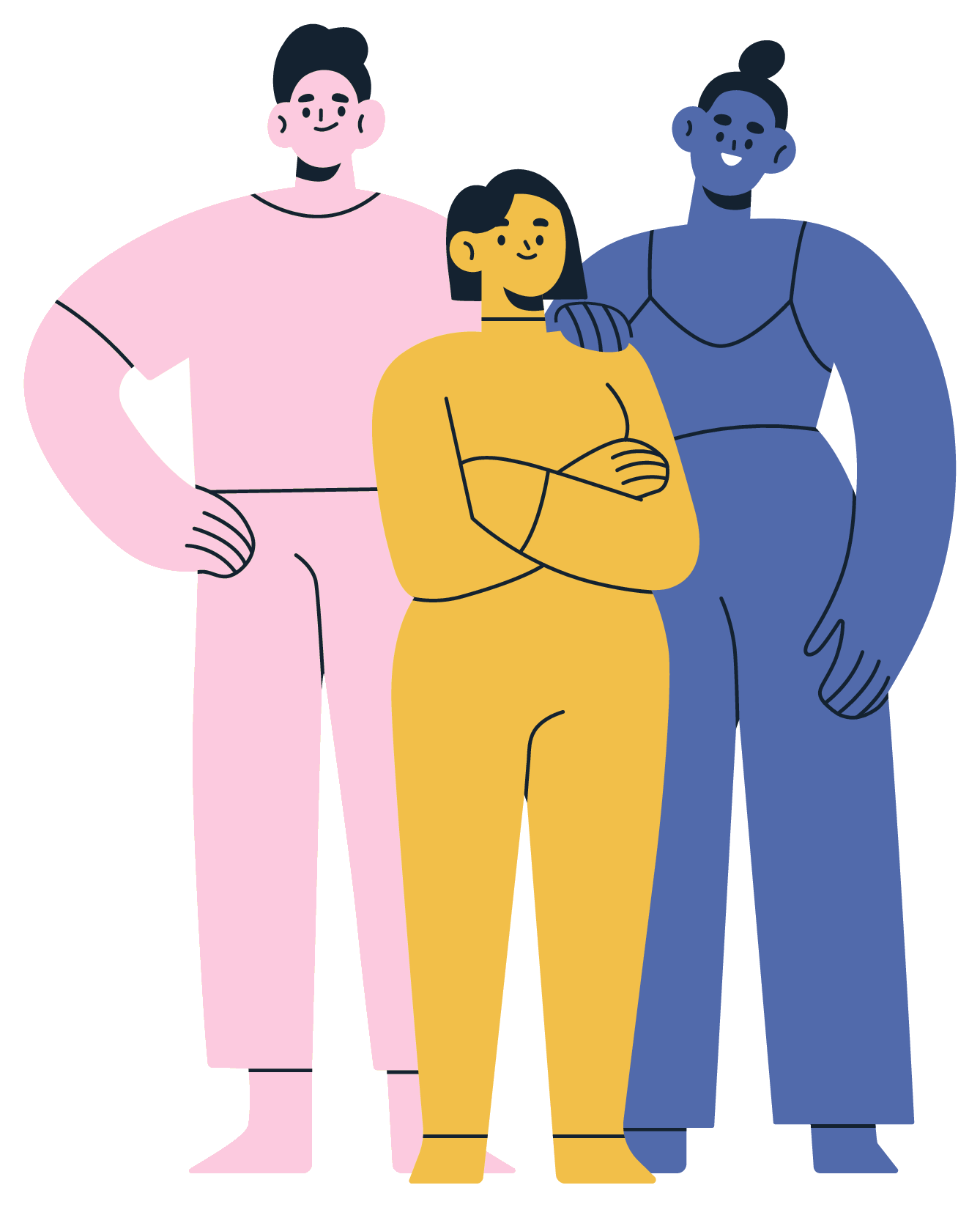 An illustrated group of three adults standing together